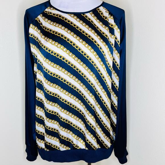 M Michael Kors Top Large Womens Satin Chain Link Print Long Sleeve Navy Blue Rib - Picture 1 of 8